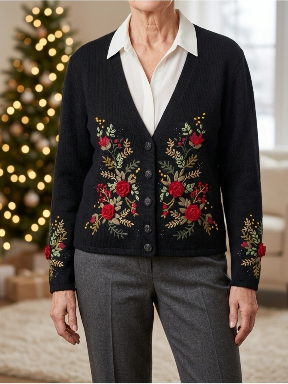 VTG Susan Bristol Embroidered Floral Wool Cardigan Sweater Black size S